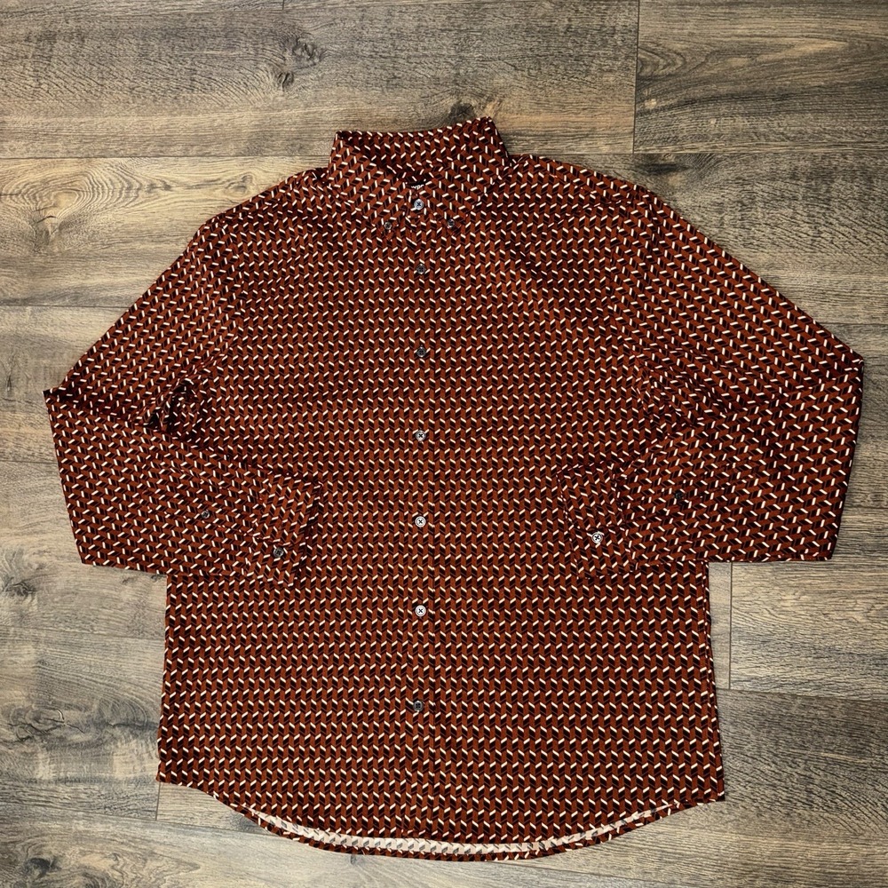 Express Men's Sz L Button Down Shirt Performance Geometrical Pattern Brown Artsy